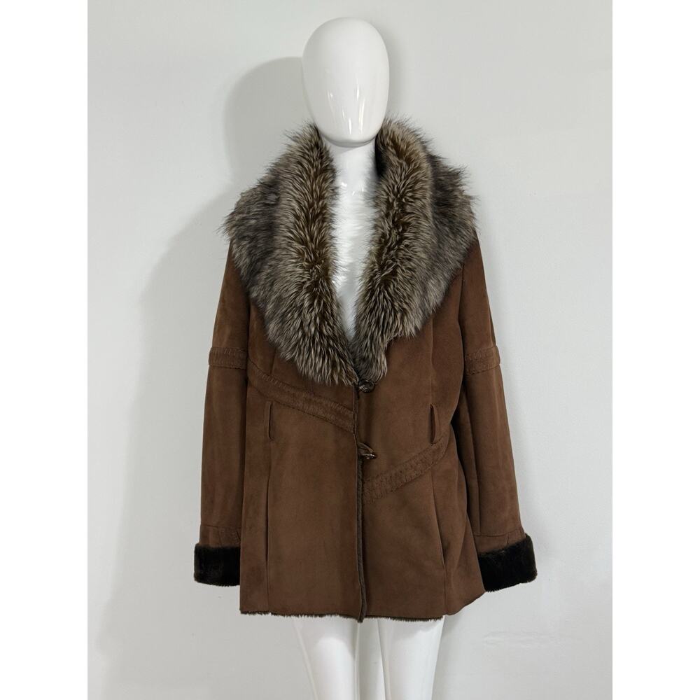 Y2K Neyelle Brown Faux Suede Jacket Faux Fur Collar Trim Penny Lane Coat Size L - Picture 2 of 12